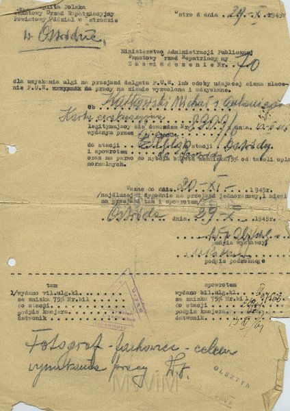 KKE 5302.jpg - Dok. Zawiadomienie z PUR-u dla Michała Katkowskiego umożliwiające korzystanie ze zniżek w PKP, Ostróda, 29 X 1945 r.